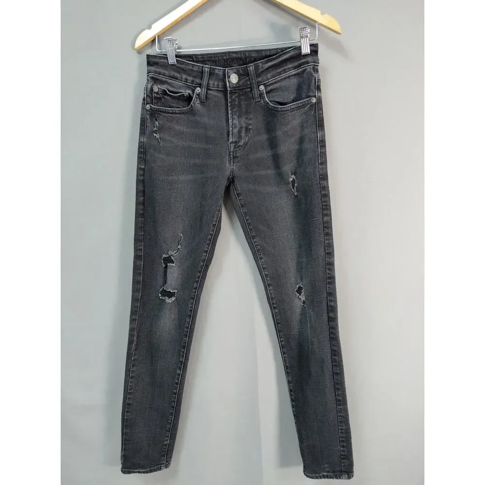 American Eagle Faded Black Distressed Skinny Flex Jeans Men See Measurement